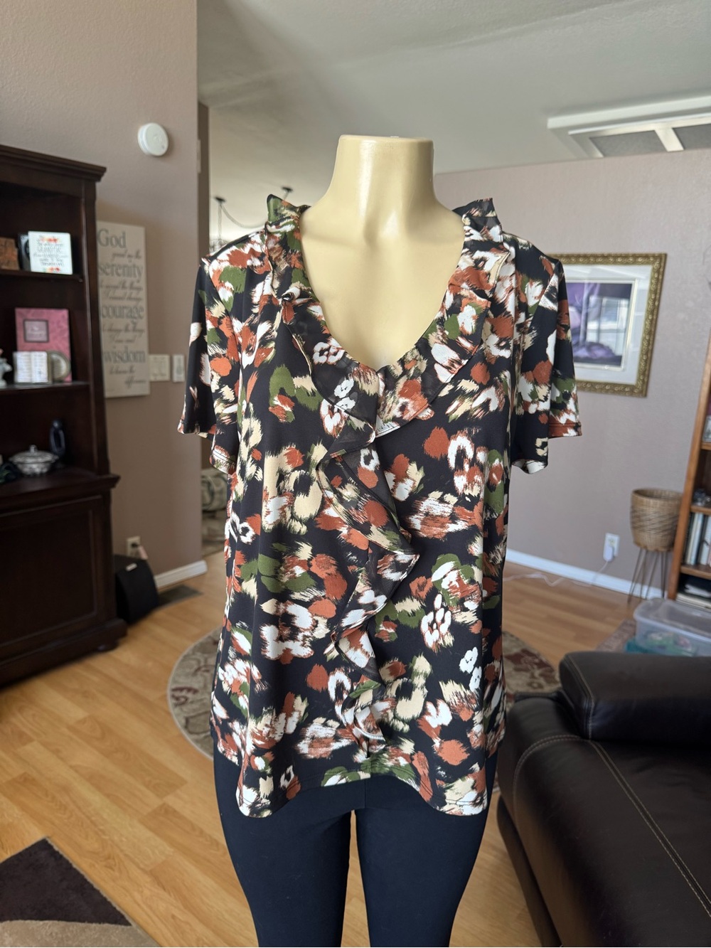 Anne Klein short sleeves multicolored floral ruffle V-neck blouse-PXL